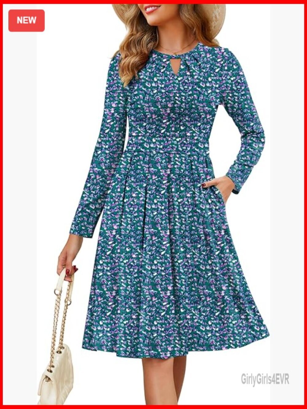 Long Sleeve Keyhole Neckline A-Line Pleated Midi Dress with Pockets